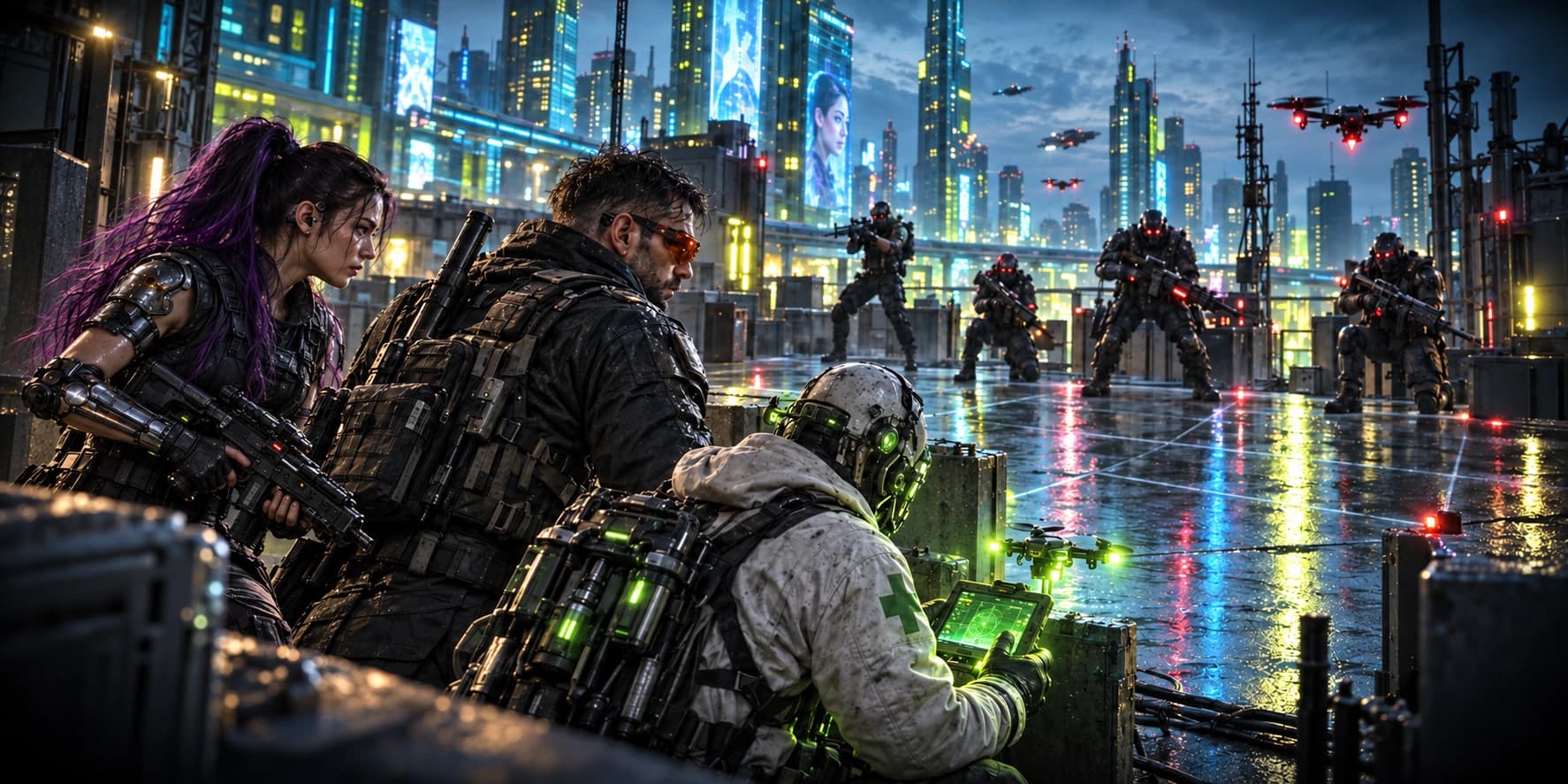 Cybernetic squads facing off on a tactical rooftop arena